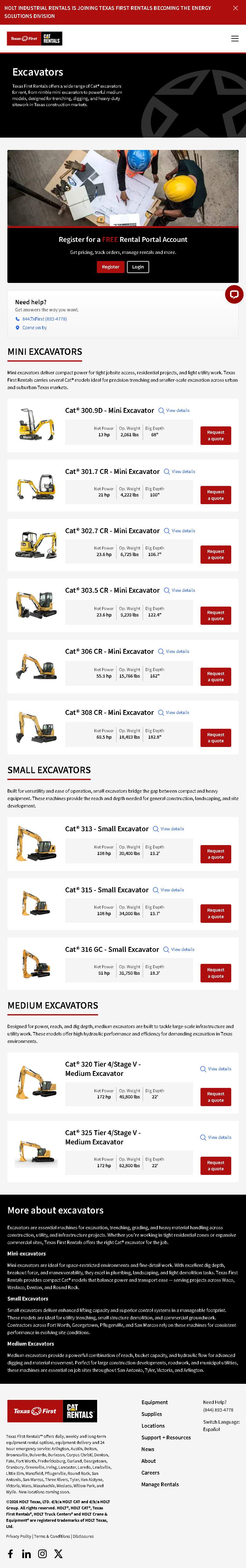 Full-page capture of the live Excavators page, English